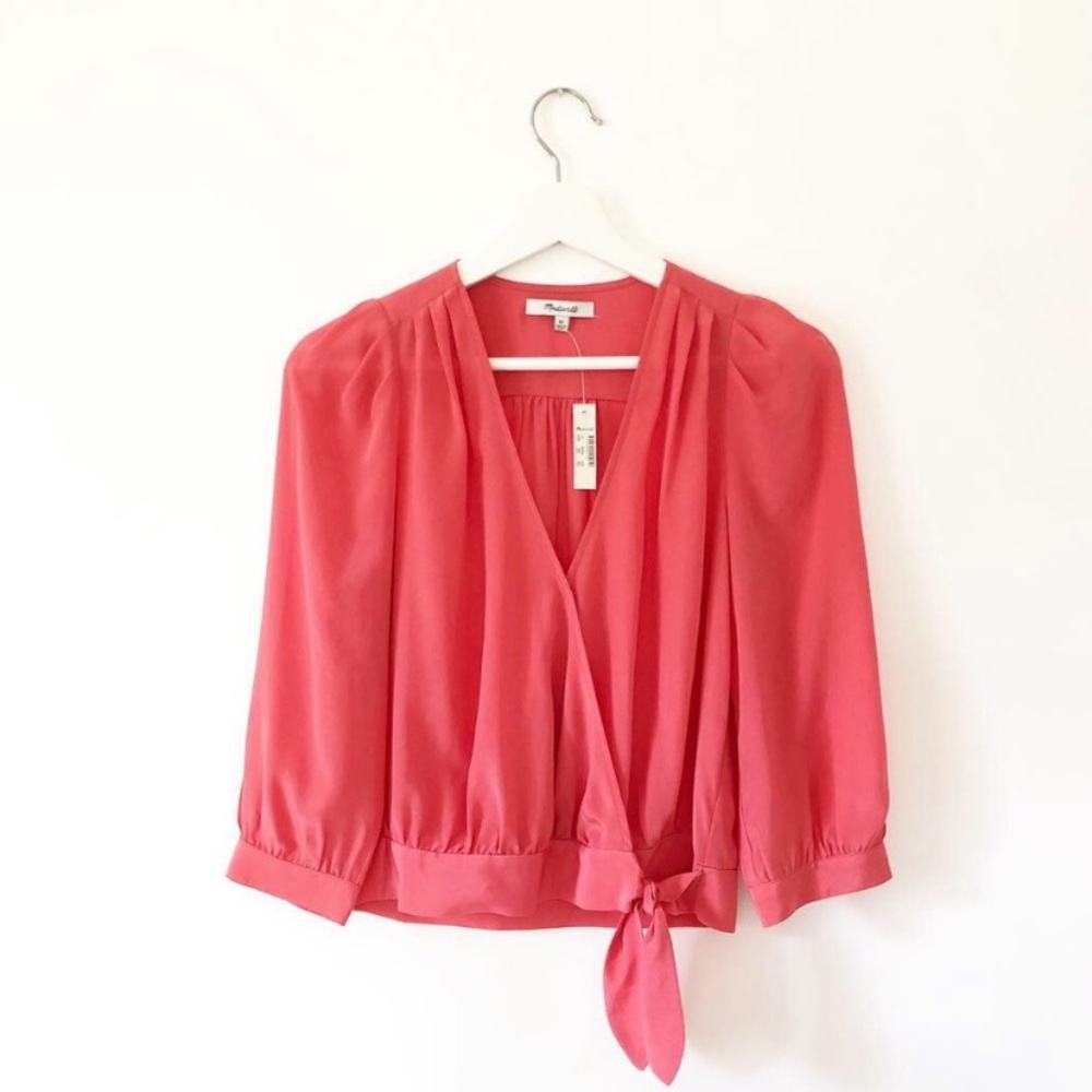 Madewell Coral Silk Wrap Top | S